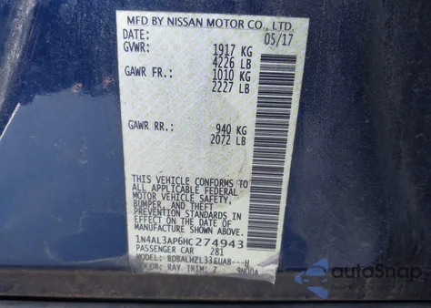 2017 Nissan Altima 2.5 Sr z USA, uszkodzony, nr VIN 1N4AL3AP6HC274943